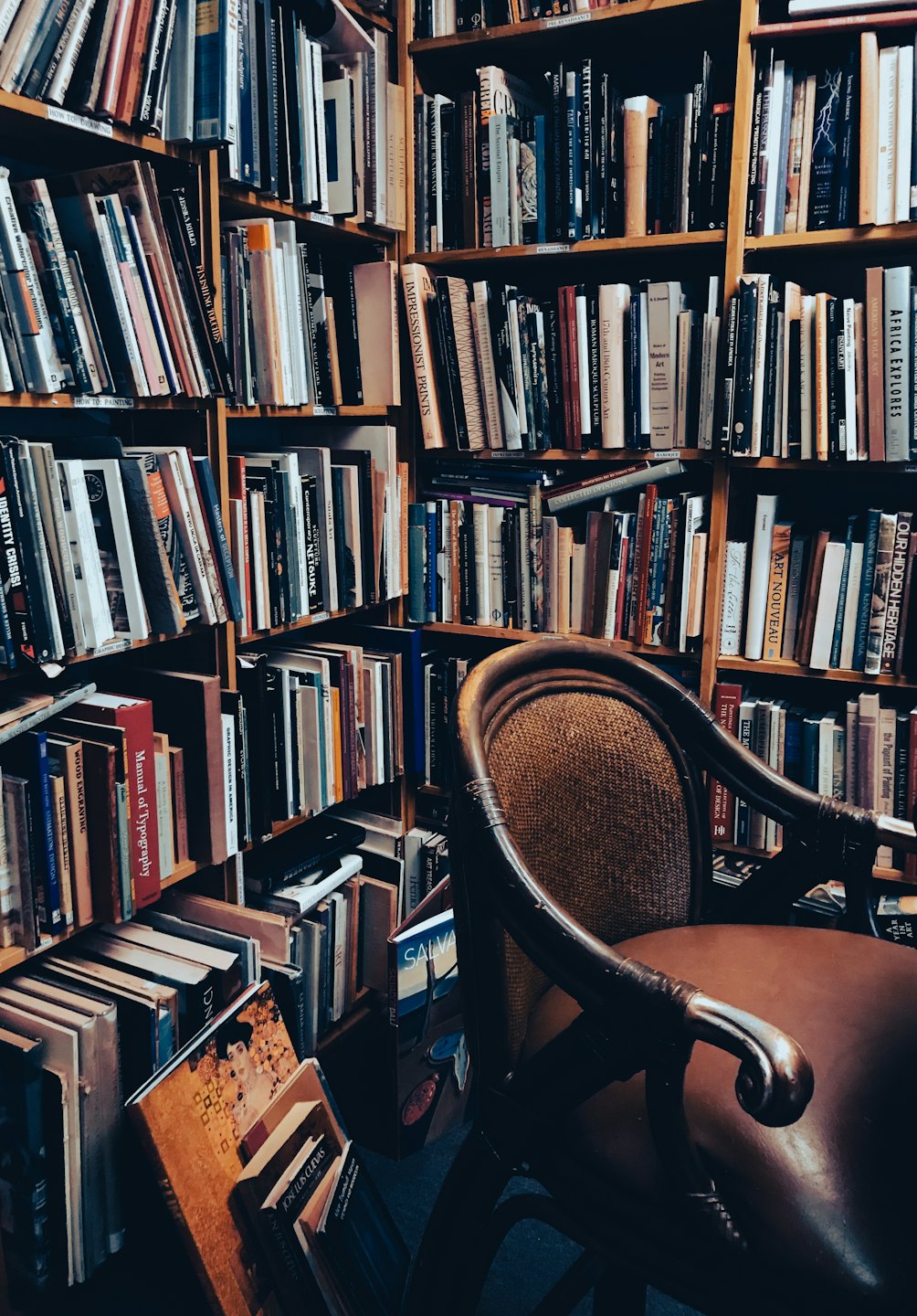Rincón acogedor de biblioteca con estanterías repletas y sillón.